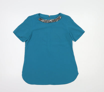 Dunnes Womens Blue  Polyester Basic Blouse Size 10 Round Neck - Embellished Neckline