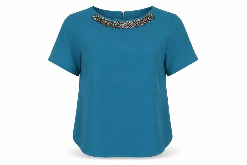 Dunnes Stores Womens Blue  Polyester Basic Blouse Size 10 Round Neck - Embellished Neckline
