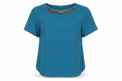 Dunnes Womens Blue  Polyester Basic Blouse Size 10 Round Neck - Embellished Neckline