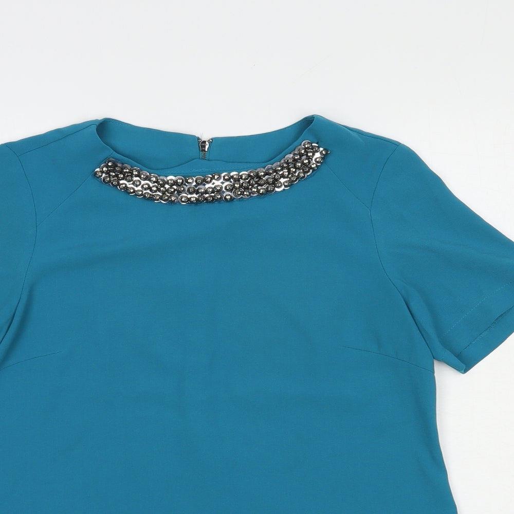 Dunnes Stores Womens Blue  Polyester Basic Blouse Size 10 Round Neck - Embellished Neckline