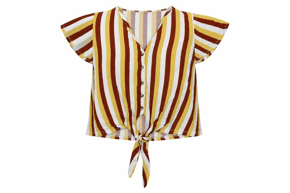 New Look Womens Yellow Striped Viscose Basic Blouse Size 8 V-Neck