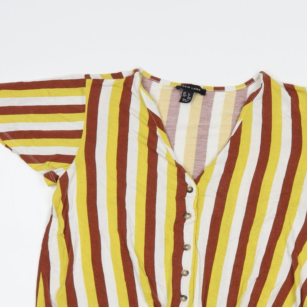 New Look Womens Yellow Striped Viscose Basic Blouse Size 8 V-Neck