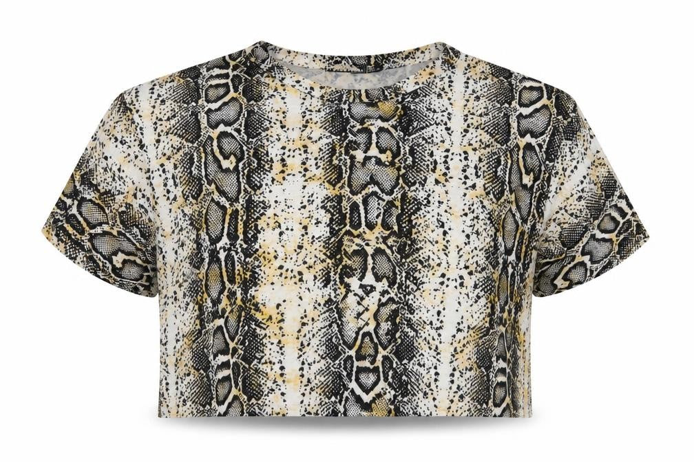 Boohoo Womens White Animal Print Polyester Cropped T-Shirt Size 10 Crew Neck