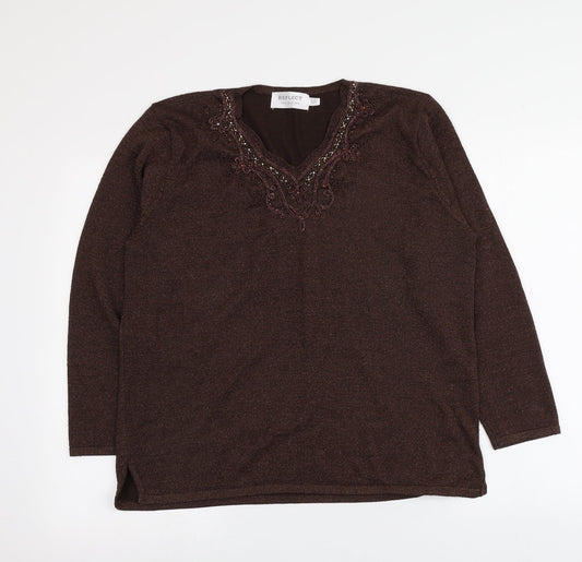 Reflect Womens Brown V-Neck Geometric Acrylic Pullover Jumper Size M