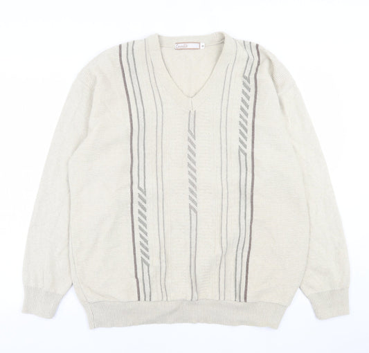 Cavallo Mens Beige V-Neck Striped Cotton Pullover Jumper Size S