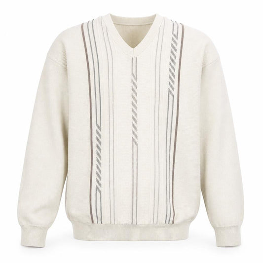 Cavallo Mens Beige V-Neck Striped Cotton Pullover Jumper Size S