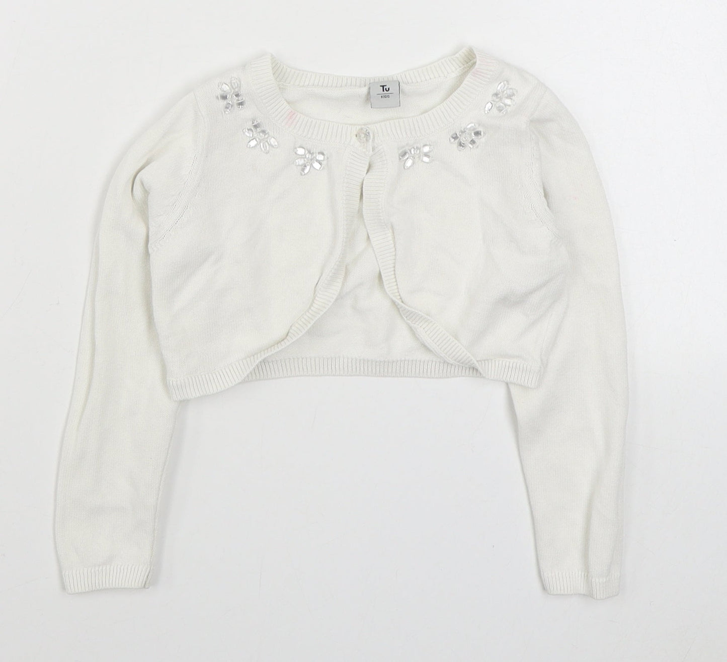 TU Girls White Boat Neck  100% Cotton Cardigan Jumper Size 4 Years  Button