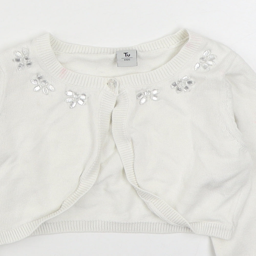 TU Girls White Boat Neck  100% Cotton Cardigan Jumper Size 4 Years  Button