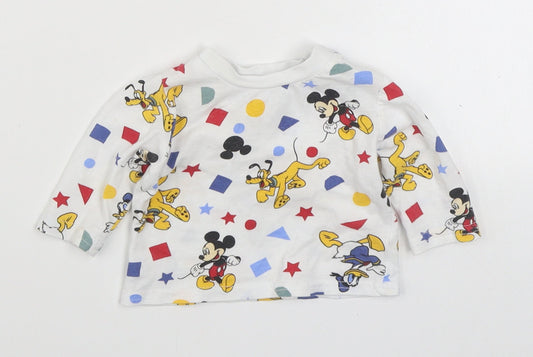 Prinark  White Geometric 100% Cotton Basic T-Shirt Size 0-3 Months Round Neck Button - Mickey & Friends