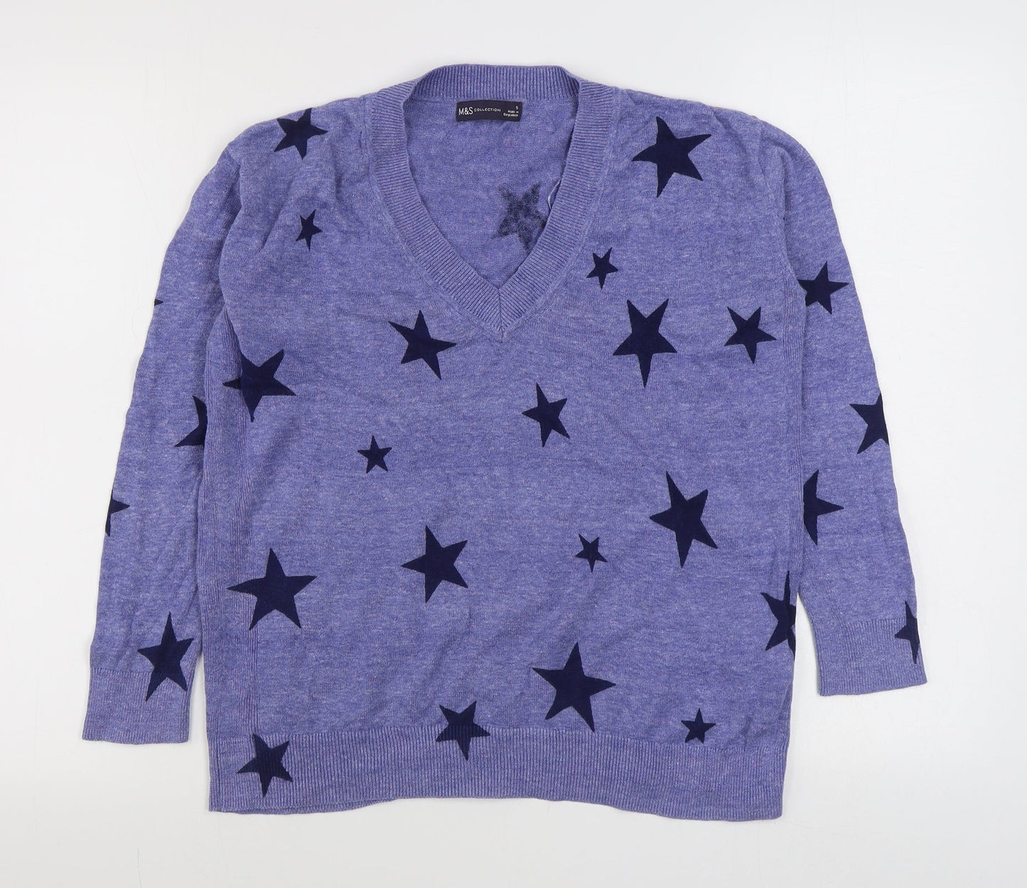 Marks and Spencer Womens Blue V-Neck Geometric 100% Cotton Pullover Jumper Size S