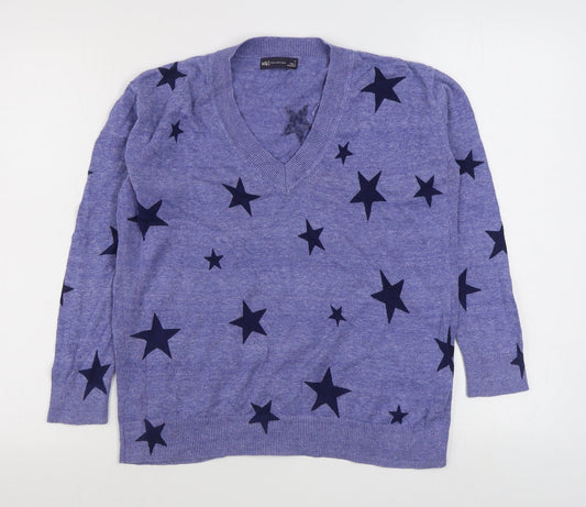 Marks and Spencer Womens Blue V-Neck Geometric 100% Cotton Pullover Jumper Size S