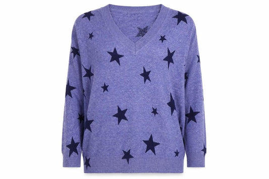 Marks & Spencer Womens Blue V-Neck Geometric 100% Cotton Pullover Jumper Size S