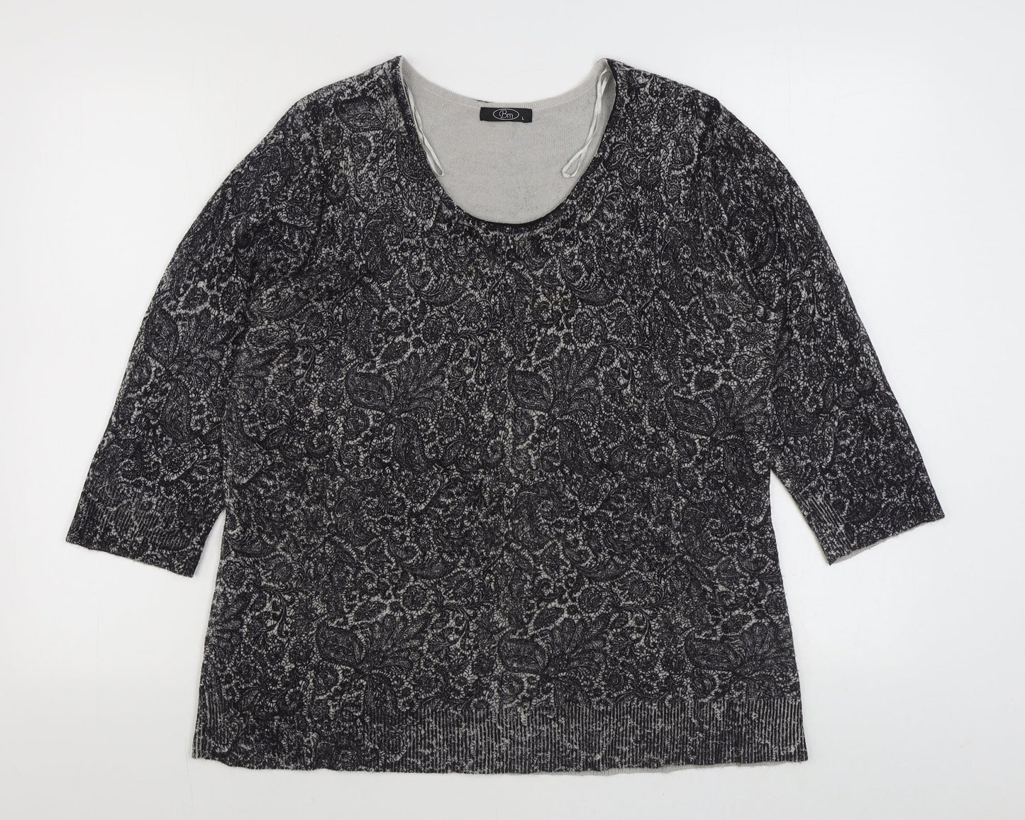 BM Womens Grey Scoop Neck Paisley Acrylic Pullover Jumper Size L