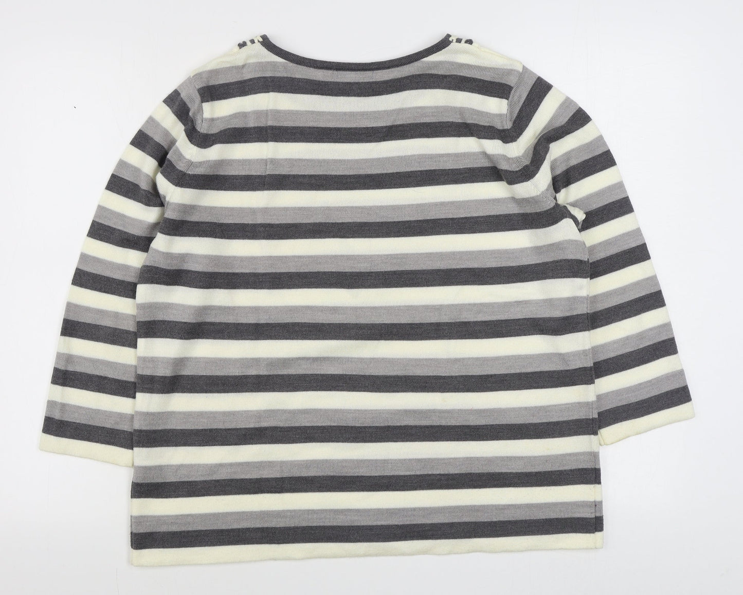 BM Womens Grey Round Neck Striped Acrylic Pullover Jumper Size L
