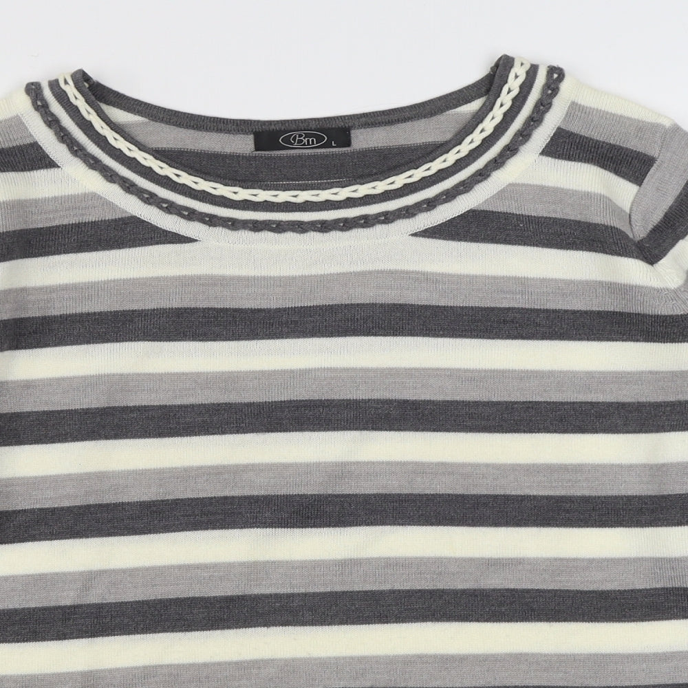 BM Womens Grey Round Neck Striped Acrylic Pullover Jumper Size L
