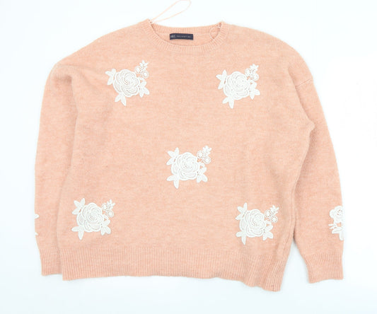 Marks and Spencer Womens Pink Crew Neck Floral Acrylic Pullover Jumper Size L