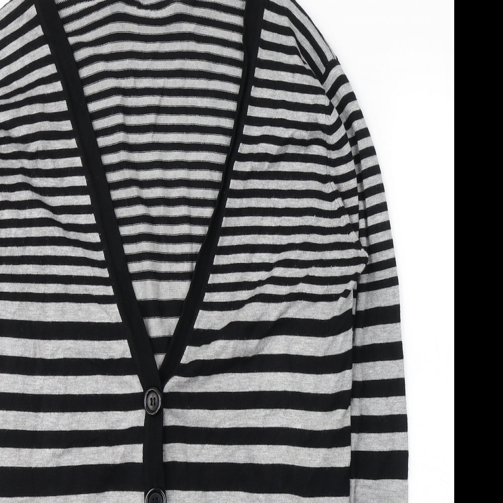 AMARANTO Womens Black V-Neck Striped Viscose Cardigan Jumper Size 16