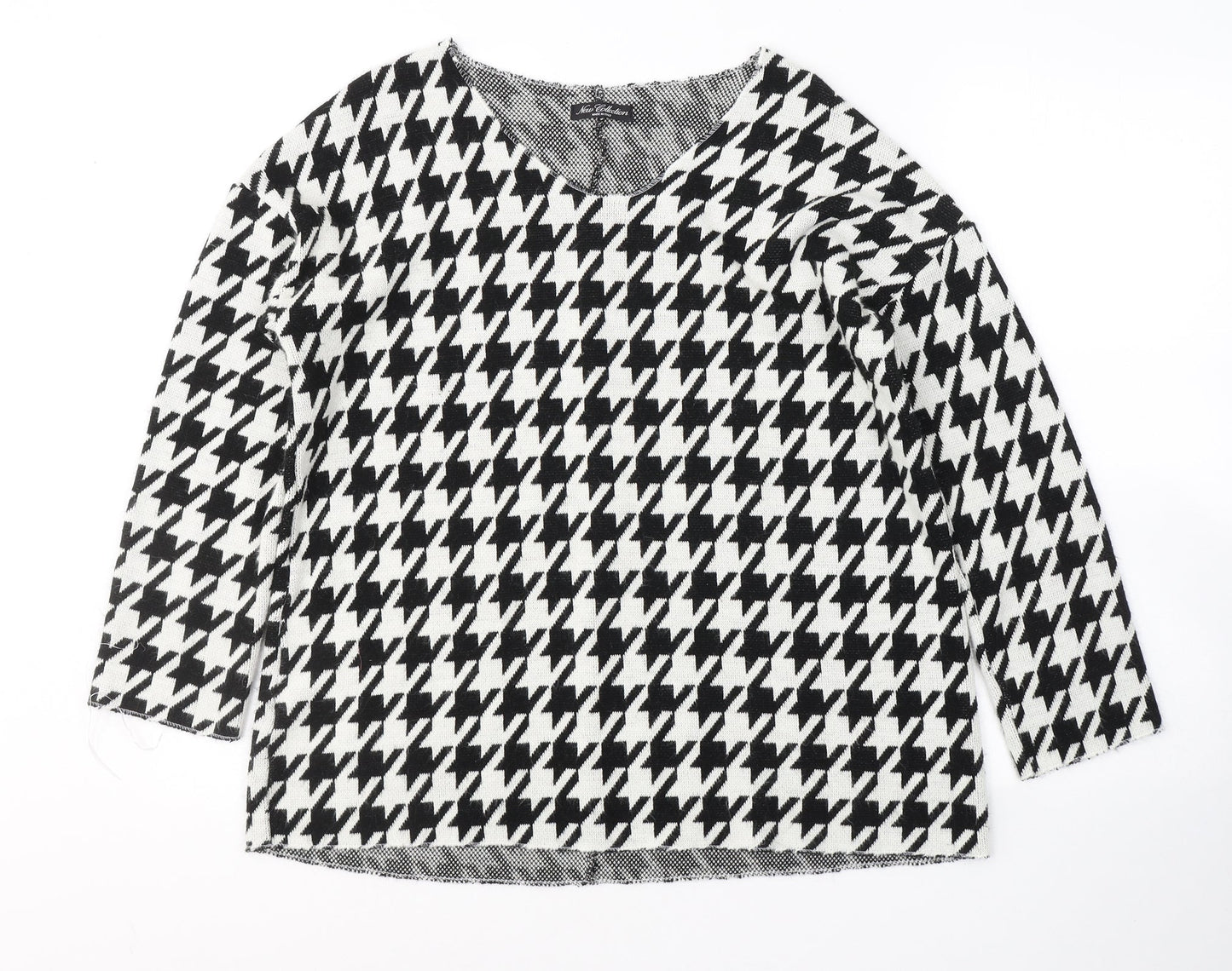 New Collection Womens White Houndstooth Acrylic Basic Blouse Size M Round Neck