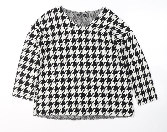 New Collection Womens White Houndstooth Acrylic Basic Blouse Size M Round Neck