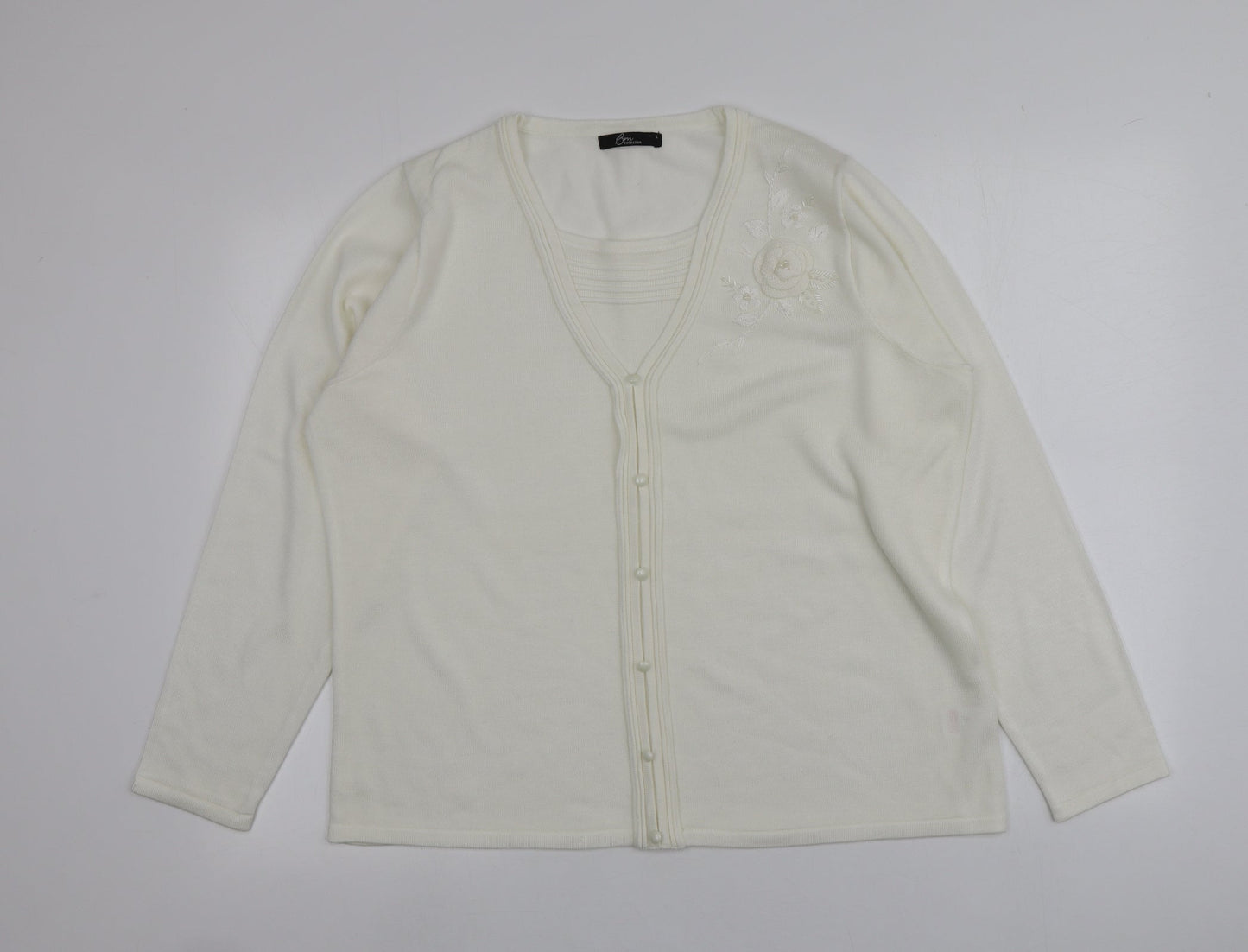BM Womens Ivory V-Neck  Acrylic Cardigan Jumper Size L