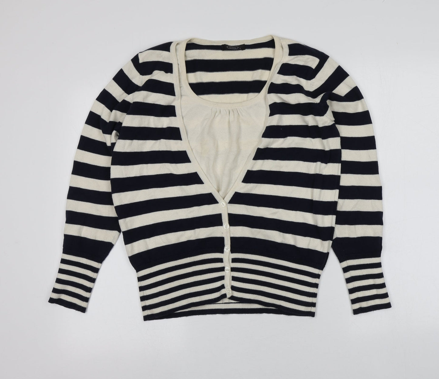 BM Womens Blue V-Neck Striped Cotton Cardigan Jumper Size S
