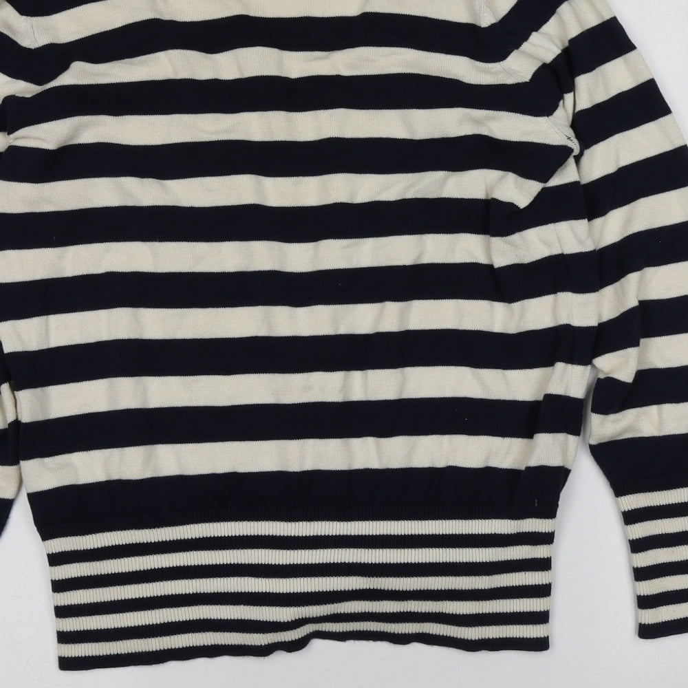 BM Womens Blue V-Neck Striped Cotton Cardigan Jumper Size S