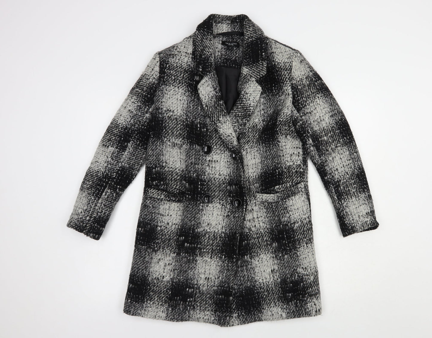 New Look Womens Grey Plaid  Pea Coat Coat Size 8  Button