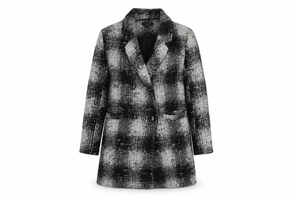New Look Womens Grey Plaid  Pea Coat Coat Size 8  Button