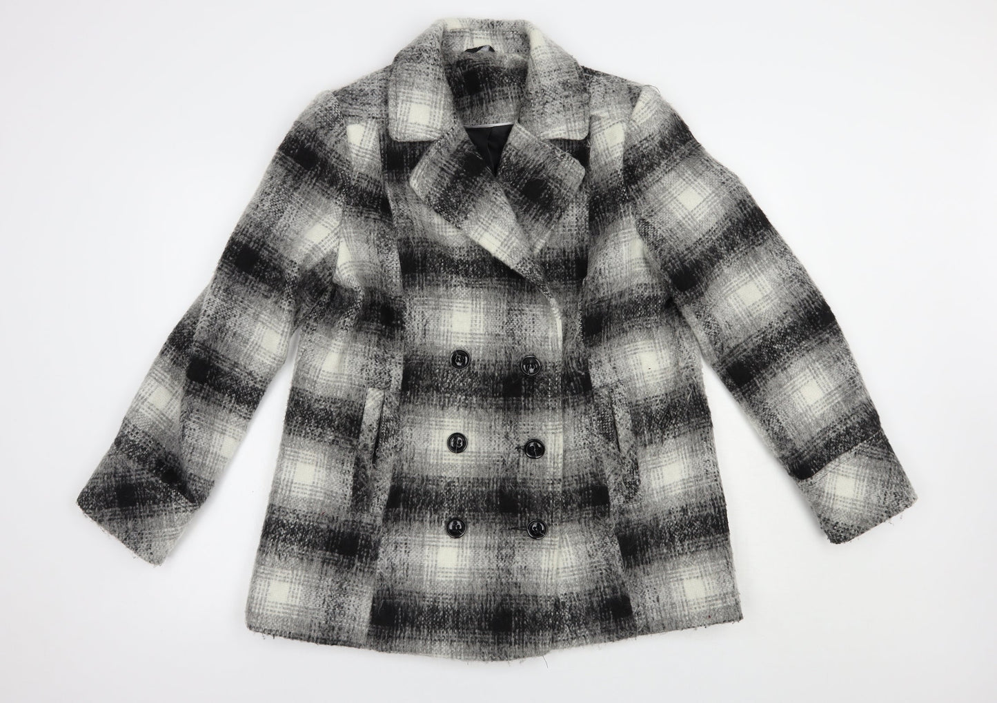 M&Co Womens Grey Plaid  Pea Coat Coat Size 14  Button