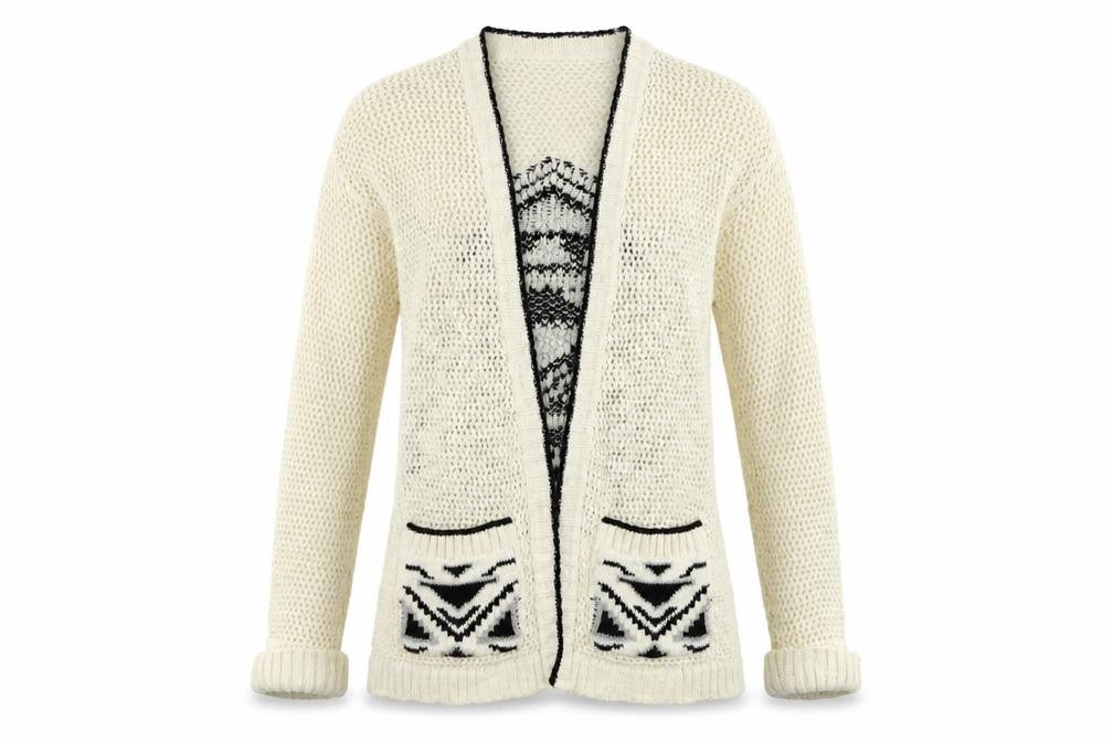 Warehouse Womens Ivory V-Neck Geometric Acrylic Cardigan Jumper Size 10