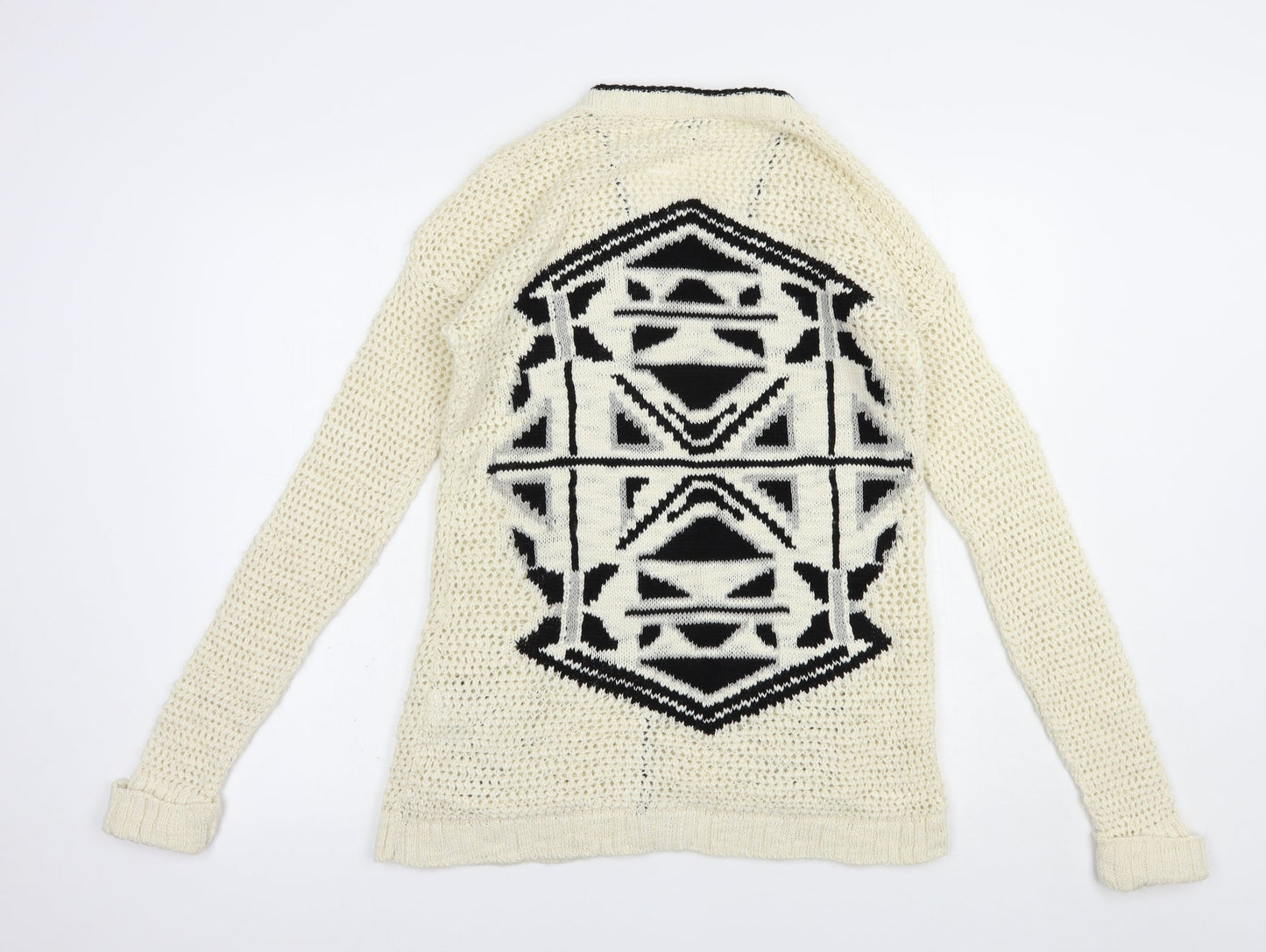 Warehouse Womens Ivory V-Neck Geometric Acrylic Cardigan Jumper Size 10