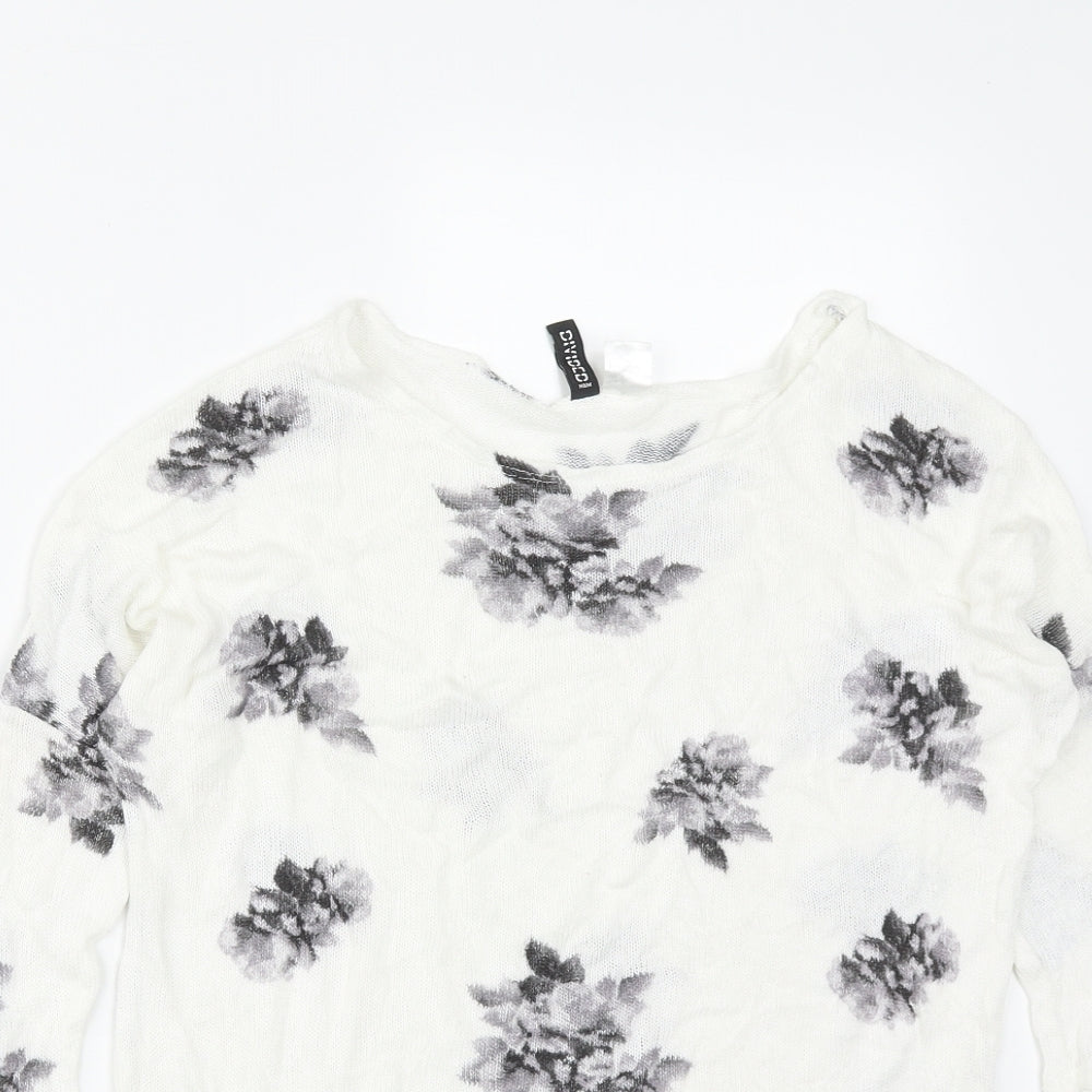 H&M Womens White Scoop Neck Floral Acrylic Pullover Jumper Size S