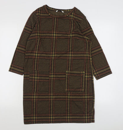 Tu Womens Brown Plaid Polyester A-Line  Size 12  Scoop Neck Pullover