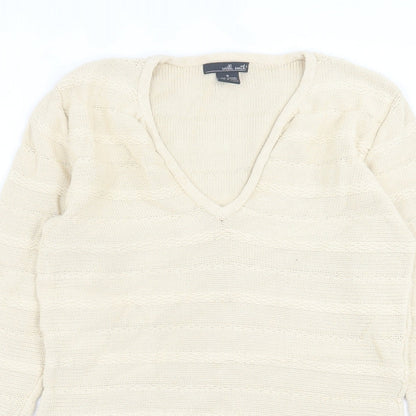 Willi Smith Womens Beige V-Neck  Cotton Pullover Jumper Size S