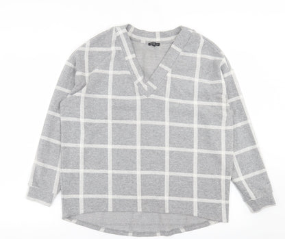 River Island Womens Grey V-Neck Check Polyester Pullover Jumper Size 8