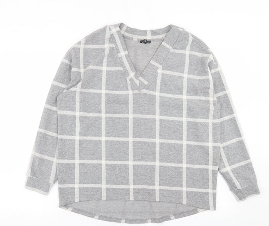 River Island Womens Grey V-Neck Check Polyester Pullover Jumper Size 8