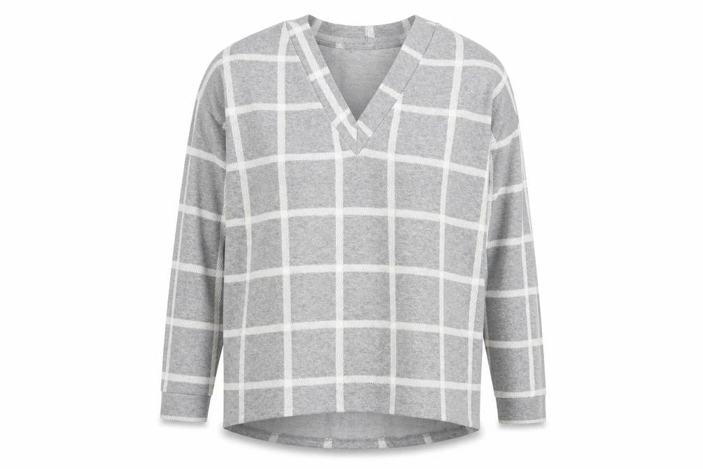 River Island Womens Grey V-Neck Check Polyester Pullover Jumper Size 8