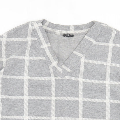River Island Womens Grey V-Neck Check Polyester Pullover Jumper Size 8
