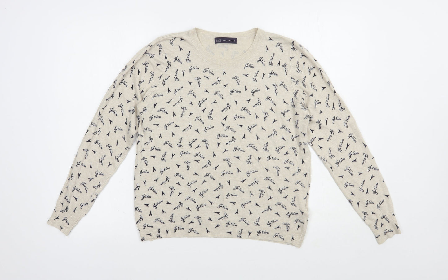 Marks and Spencer Womens Beige Crew Neck Geometric Viscose Pullover Jumper Size 14   - Paris