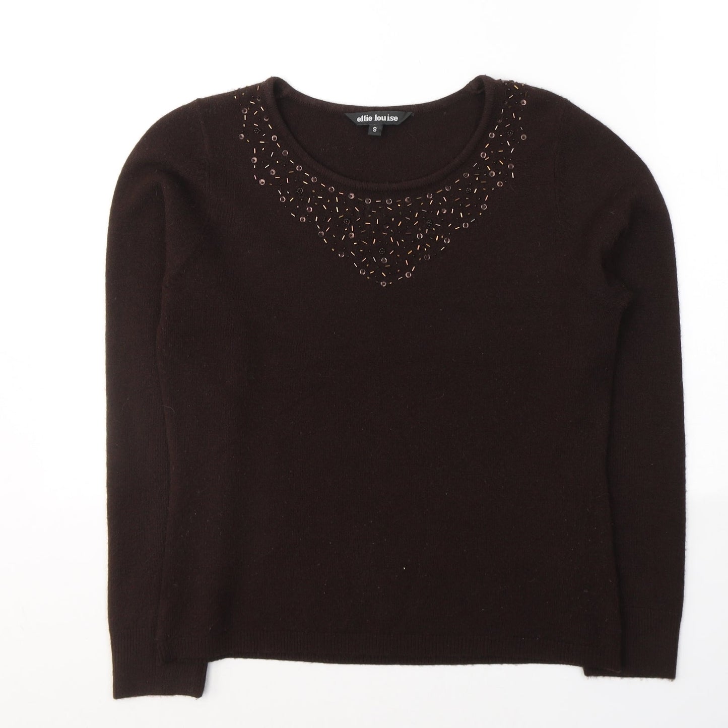 Ellie Louise Womens Brown  Acrylic Basic Blouse Size S Round Neck