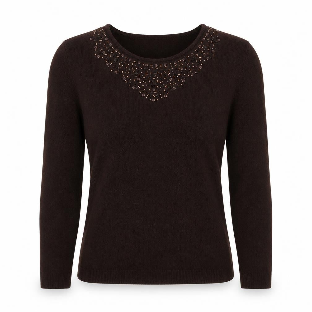 Ellie Louise Womens Brown  Acrylic Basic Blouse Size S Round Neck