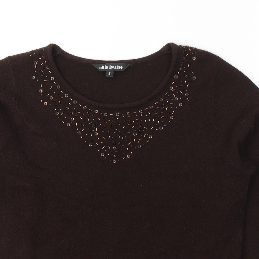 Ellie Louise Womens Brown  Acrylic Basic Blouse Size S Round Neck