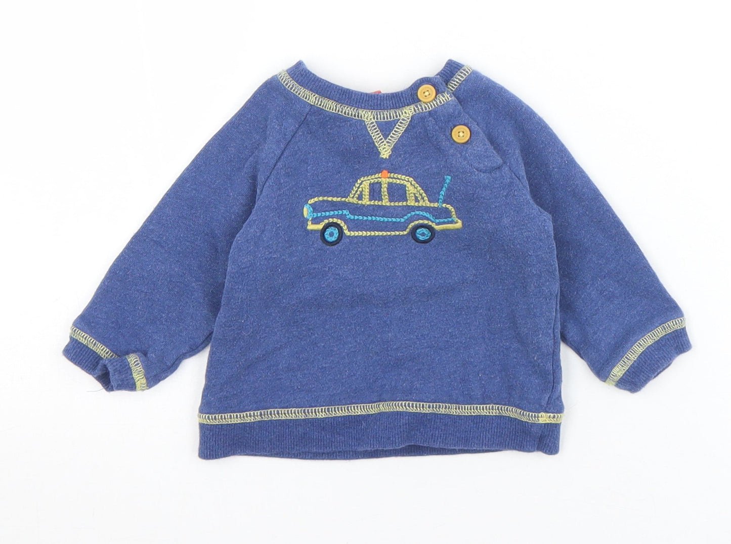 John Lewis Boys Blue  Cotton Pullover Jumper Size 0-3 Months  Button - Car