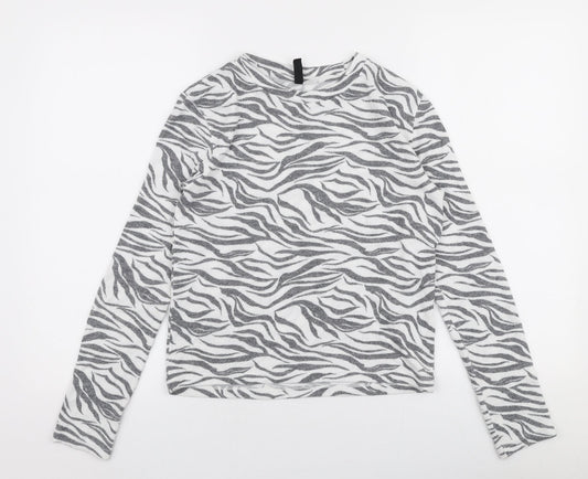 H&M Womens Grey Round Neck Animal Print Viscose Pullover Jumper Size XS