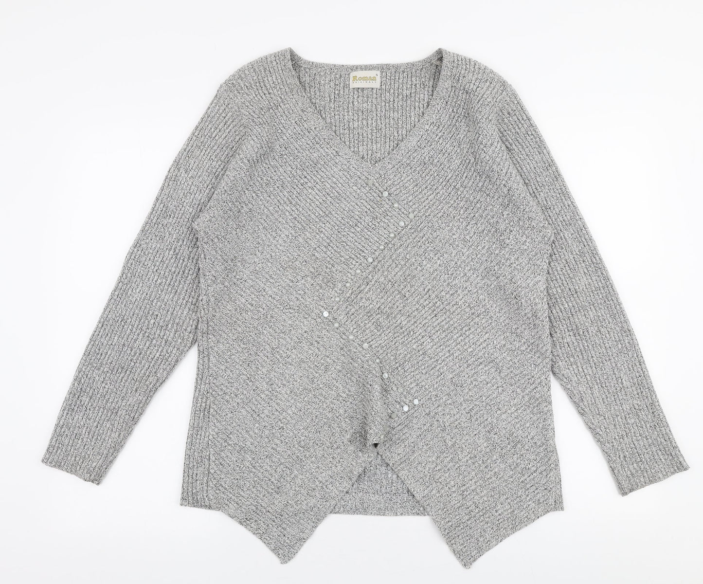 Roman  Womens Grey V-Neck  Acrylic Pullover Jumper Size S