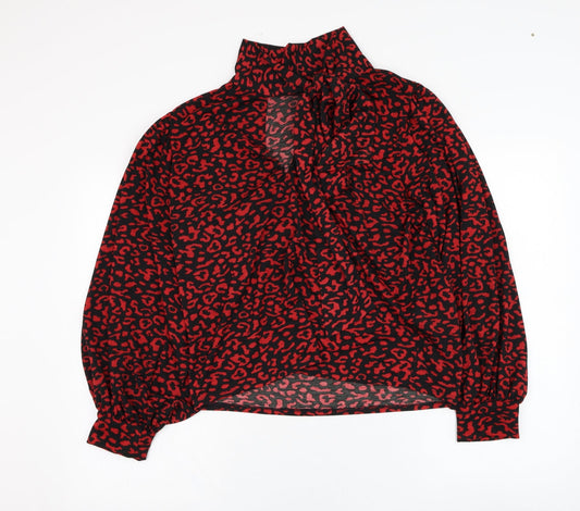 Zara Womens Black Animal Print Polyester Basic Blouse Size M V-Neck