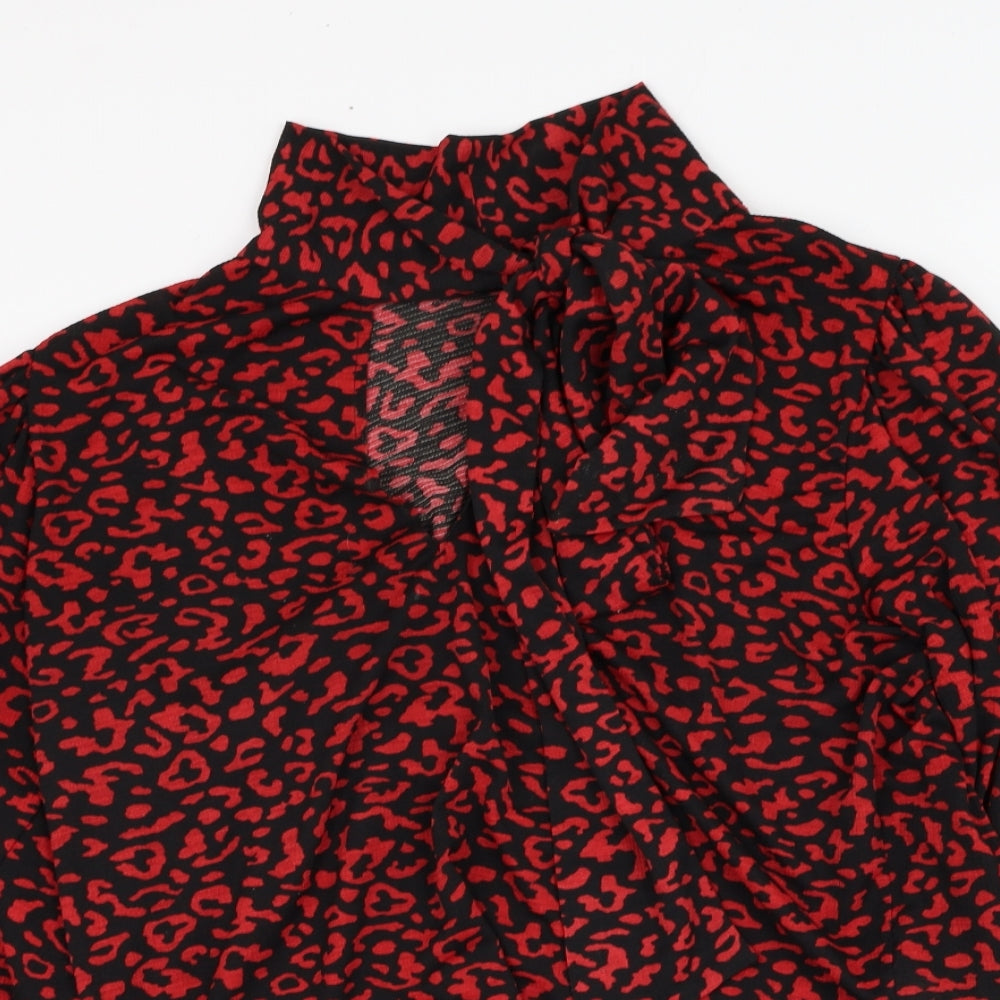 Zara Womens Black Animal Print Polyester Basic Blouse Size M V-Neck