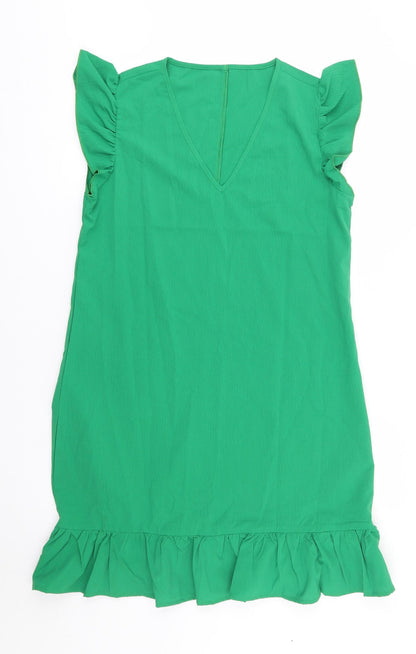 SHEIN Womens Green  Polyester Shift  Size 6  V-Neck  - Ruffle, Frill