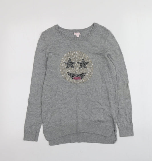 Me.n.u Girls Grey Round Neck Geometric Cotton Pullover Jumper Size 10 Years
