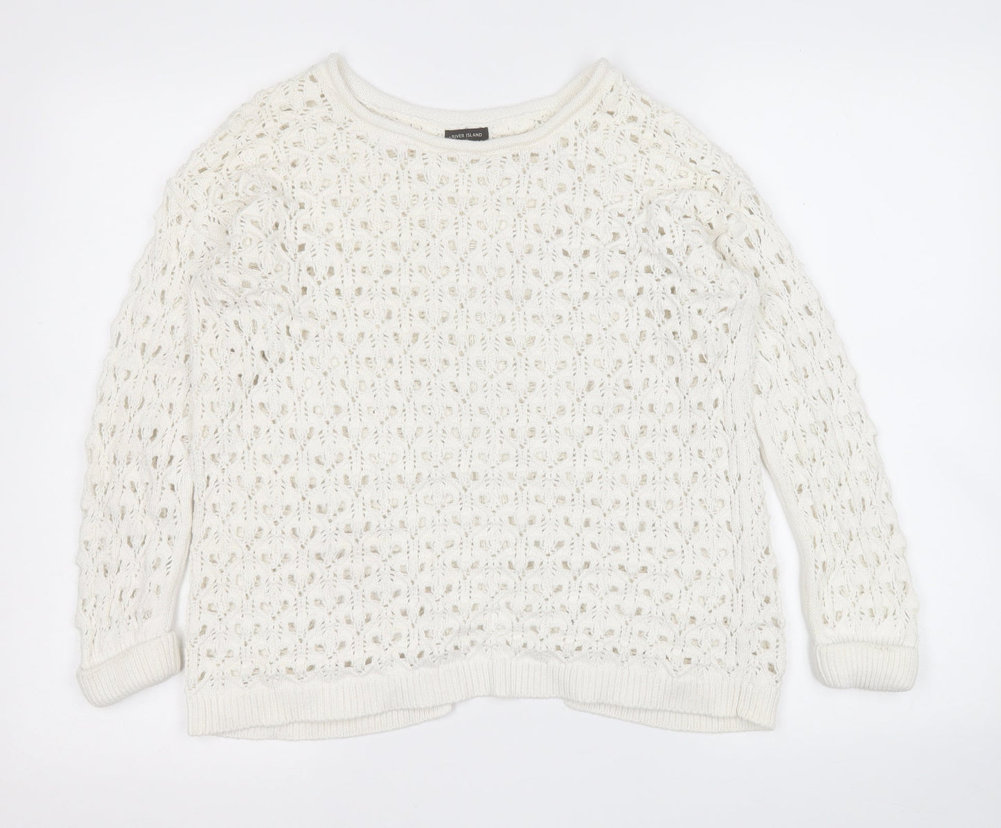 River Island Womens White Round Neck  Cotton Pullover Jumper Size 6